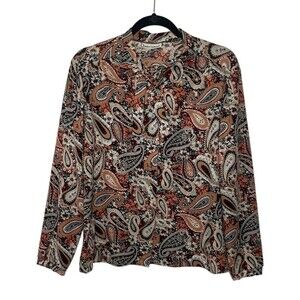 Vintage 70s Queens Casuals Earthtone Paisley Abstract Secretary Disco Pussybow